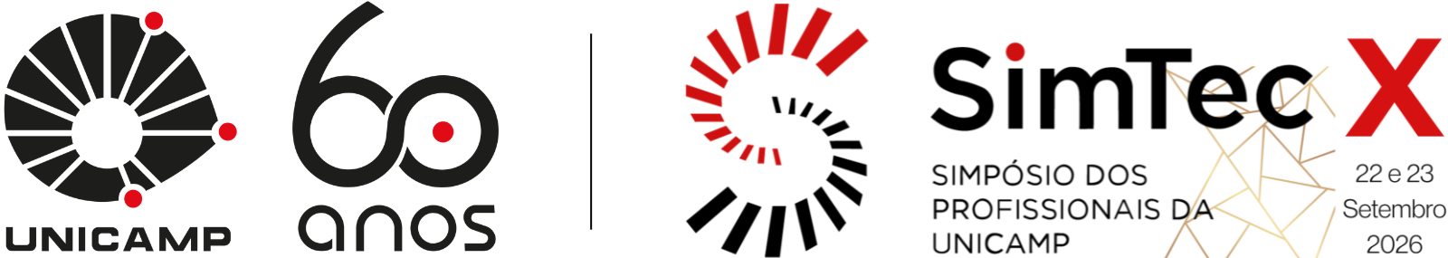 Banner com a identidade visual dos 60 anos da Unicamp e do SimTec X – Simpósio dos Profissionais da Unicamp. A composição reúne os logotipos comemorativos da Universidade e do evento, destacando a décima edição do SimTec e sua realização em 22 e 23 de setembro de 2026.